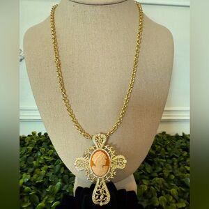 Signed AMEDEO Gold Cameo Cross Pendant Necklace